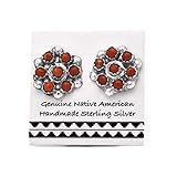 Genuine Red Coral Cluster Stud Earrings, 925 Sterling Silver, Native American Handmade in the USA,...