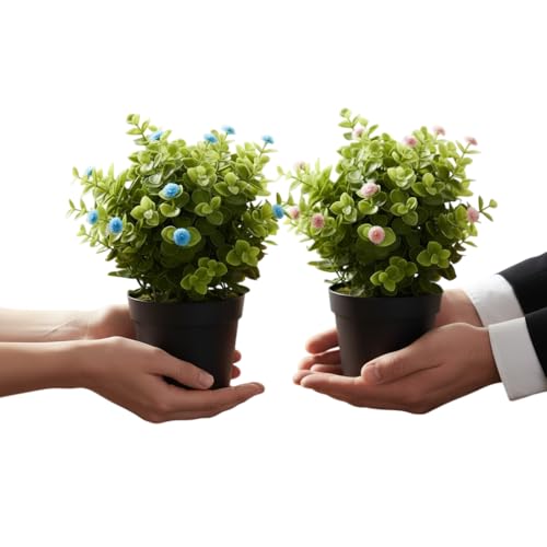Image of Artificial Eucalyptus Potted Plants - Set of 2 Faux Greenery with Baby Breath Blue & Pink Flowers | Small Decorative Plants for Home, Office, Table & Gift