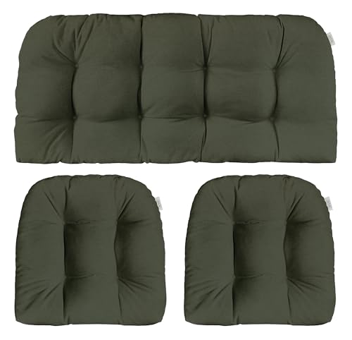 RSH DECOR Sunbrella 3-Piece Tufted Wicker Cushion Set | 44" x 22" & 22" x 22" | Crafted with Sunbrella Performance Fabric | Outdoor Loveseat & U-Shaped Seat Cushions | Cast Ivy Green - Made in USA