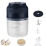 Electric Garlic Chopper, Mini Portable Veggie Chopper, 400ml Food Processor Cordless, Grinder Mincer Blender Kitchen Mixer, USB Charging Garlic Cutter for Ginger, Chili, Fruit, Meat (Blue, 6 Blades)