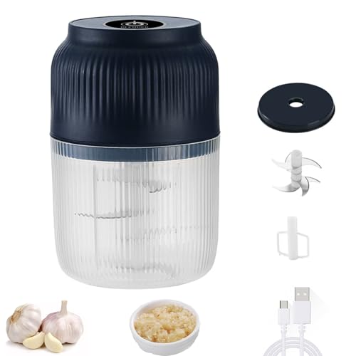 Electric Garlic Chopper, Mini Portable Veggie Chopper, 400ml Food Processor Cordless, Grinder Mincer Blender Kitchen Mixer, USB Charging Garlic Cutter for Ginger, Chili, Fruit, Meat (Blue, 6 Blades)