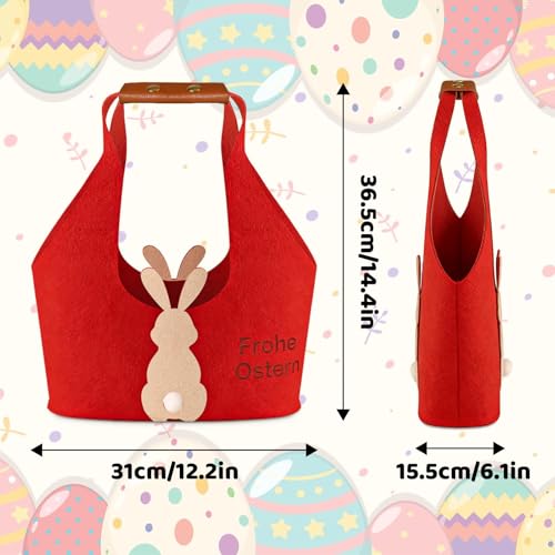 Kuvarix 2 Stück Osterkörbchen Kinder, Rot/Khaki Filzkorb Ostertüten zum Befüllen, Ostertüten mit Henkel mit Hasenmotiv, zum Verpacken von Geschenken, Partyzubehör, Eiersuche
