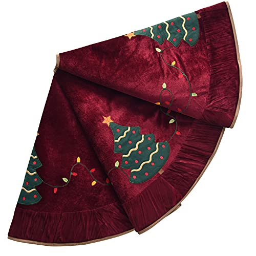 XSem Christmas Tree Embroidered Velvet Christmas Tree Skirt with Pleat Velvet Border 50 Dark Red Dark Red 50 inch