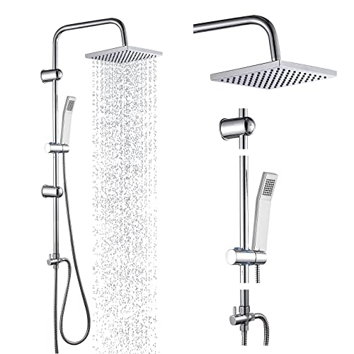 Image of Bathroom Thermostatic Shower Mixer Set, Handheld Shower and with Adjustable 8" Overhead Rainfall Shower Head, Adjustable Height, Twin Head & Body Chrome Plated Set
