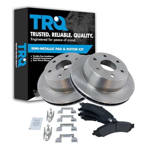 Image of TRQ Rear Brake Pad and Rotor Set Semi Metallic | For 2000-2006 Chevrolet Tahoe Suburban 1500 Silverado 1500 Avalanche 1500 GMC Yukon XL 2002-2006 Cadillac Escalade ESV EXT