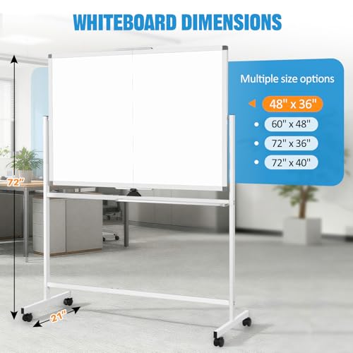 Image of Rolling Whiteboard on Wheels, 48 inch x 36 inch Standing Dry Erase Board | 4' x 3' Sturdy Double-Sided Magnetic White Board, Big Mobile Easel Whiteboard Office, Classroom, School
