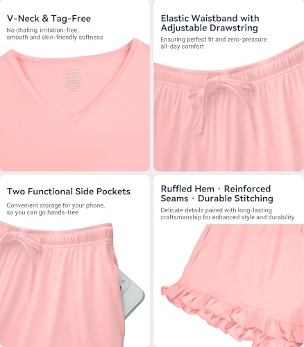 Image of WiWi Womens Pajamas Set Bamboo Viscose Super Soft Short Sleeve Top Ruffle Shorts Sleepwear Cooling Pj Sets S-XXL