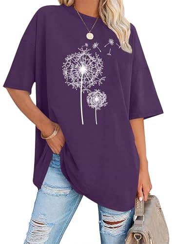 Image of hohololo Oversized T Shirts for Women Dandelion T Shirt Summer Short Sleeve Oversized Tshirt (Purple1,XXL)