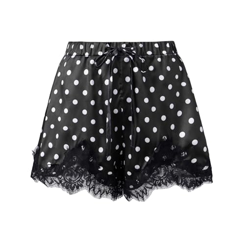 Image of FeMereina Women Satin Silk Lace Shorts Polka Dot Shorts Low Rise Micro Mini Short Y2k Going Out Pettipants Slip Bottoms (Black, L)