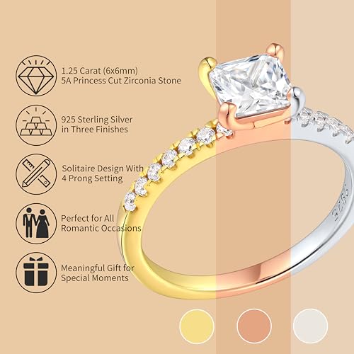 1.25CT 925 Sterling Silver Engagement Rings for Women Princess Cut Solitaire Cubic Zirconia Wedding Promise Rings for Her Size 4-12.52