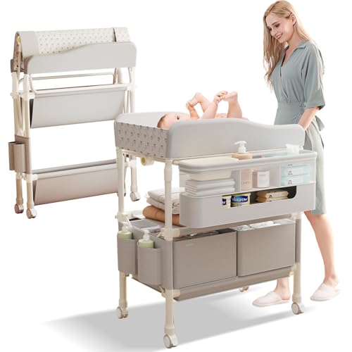 YIFOR Baby Changing Table, Versatile Folding Changing Table with 2 Drawers, Portable Baby Diaper Changing Station with Toy Holder, Adjustable Height Mobile Nursery Diaper for Infant and Newborn