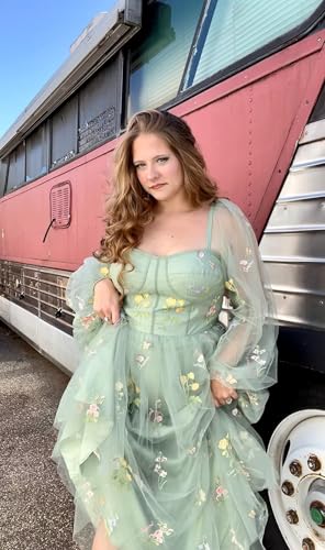 Fivsole Women's Puffy Long Sleeve Prom Dress Short Flower Embroidery Lace Tea-Length Formal Tulle Evening Party Gowns4