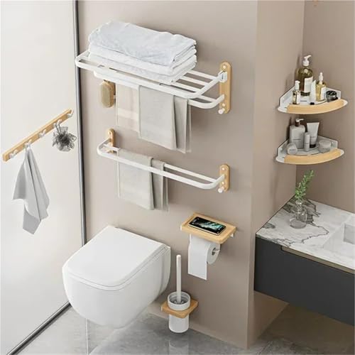 Toallero doble de aluminio y madera de 60 cm plegable para baño 4