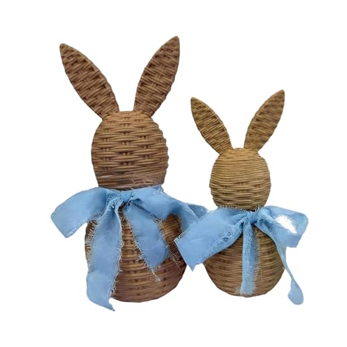 2 Figurines Lapins de Pâques tressés main déco table bleue - 8