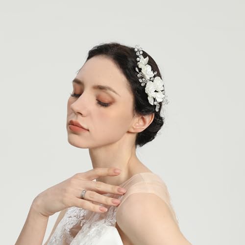 Pinza para cabello con perlas y pedrería White Flowers Rhinestone para adolescente estilo boda miniatura 7