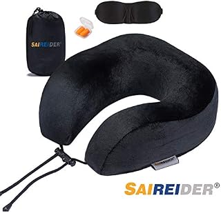 SAIREIDER Travel Neck Pillow for Airplane Sleeping 100% Memory Foam Adjustable Travel Pillows