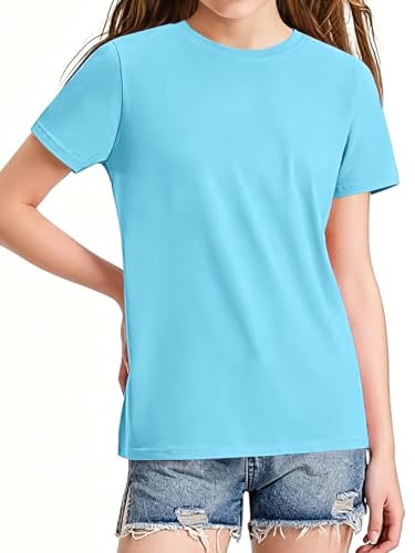 Image of HOTIAN Girls T Shirts 100% Cotton Short Sleeve Tops Kids Summer Casual Crewneck Basic Tees 3-14 Years