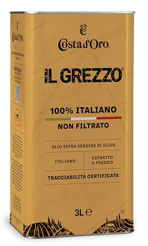 Costa d'Oro – Il Grezzo, Olio extravergine di oliva non filtrato 100% italiano. Estratto a freddo subito dopo il raccolto, ricco di vitamine e antiossidanti naturali. Latta Da 3 litri.