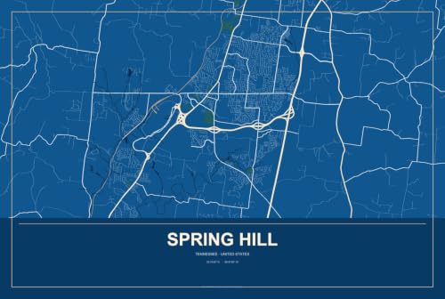 Spring Hill Tennessee Street Map Aluminum Sign, Harbor Cobalt, 24" x 16" MEGA SIGN