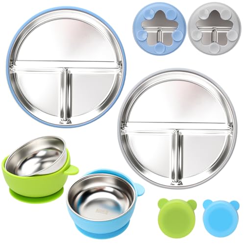 Image of MISSLILI Stainless Steel Baby Plate and Bowls with Suction, Divided Kids Baby Plate and Toddler Bowl with Removable Silicone Suction, Non-Slip Baby Feeding Set Dishwasher Safe，4 Packs