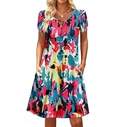 HOTOUCH Women's Casual A-Line Dress with Pockets Summer Beach Floral Tshirt Dress Short Sleeve Mi...