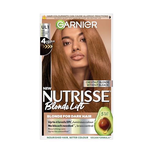 Garnier Nutrisse Blonde Lift Hair Dye, Vegan, UL1 Chestnut Blonde Lift. Achieves 100% grey coverage and 4 levels of lift. No-ammonia, vegan for rich, subtle chestnut blonde hues and a luminous finish.