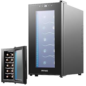 Weinkühlschrank 10 Flaschen 28 Liter LED Beleuchtung Weinkühler Weinklimakühlschrank Mini Kühlschrank Wein Kühler Minibar mit Glastür