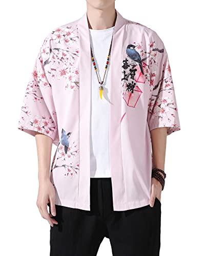 PRIJOUHE Men's Lightweight Kimono Jacket Seven Sleeve Open Front Cardigan