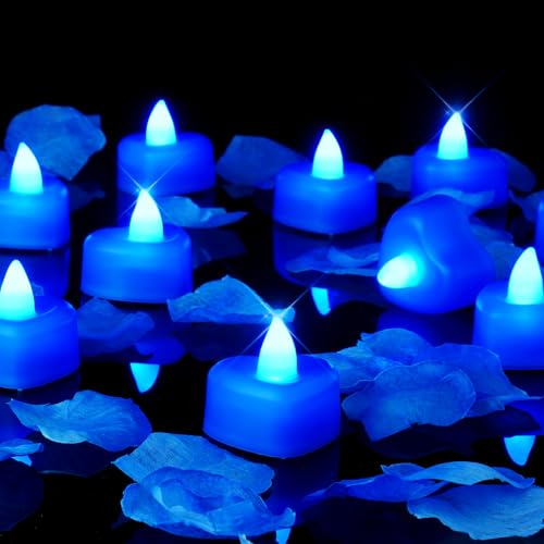 Image of Amagic 1000 Pieces Blue Artificial Rose Petals with 12 Blue Heart LED Tea Lights, Rose Petals and Candles Set for Proposal, Anniversary, Romantic Night, Wedding Decor