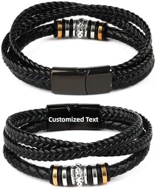 Bracelets For Men，Men's Black Braided Leather Bracelet, Stainless...