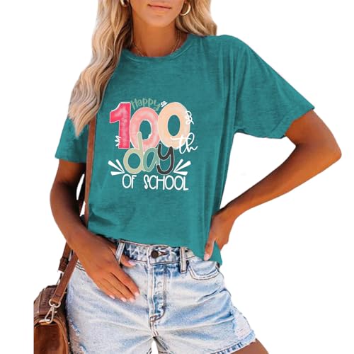 Image of 100th Day of School Shirt for Women Teacher Graphic T-Shirt Funny Teach Short Sleeve Tee Tops