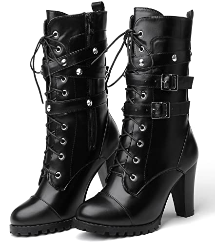 Susanny Goth Boots For Women Harley Boots Black Steampunk Shoes Heeled Combat Boots Gothic Leather High Heel Mid Calf Motorcycle Boots 7.5 #TOP1