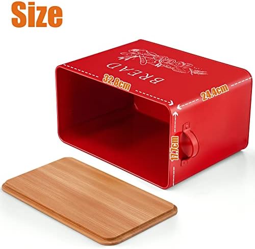 Joyfair Bread Bin, Metal Bread Box with Bamboo Cutting Board Lid, Extra Large Red Bread Holder for Kitchen Countertop, Bread Storage Container Bin fit 2 Loaves, Space Saving & Farmhouse Style
