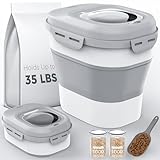 Dog Food Storage Container, 30-35Lbs Collapsible Dog Food Container with Airtight Lids,Wheels,Scoop and 2PCS Pet Food Storage Containers,Large Dry Pet food Container for Dog, Cat and Other Pet-Grey