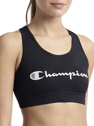 Champion Women's Champion Script Sports Bra, Flexible Fit, Black - Script Logo, Large