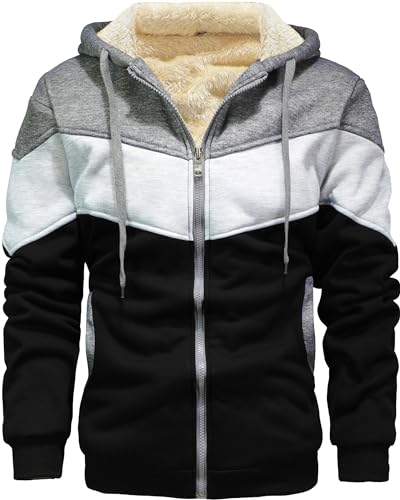 AIELVIN Men's Winter Fleece Thermal Jackets for Men Sherpa Lined Hoodies Warm Thick Jacket Outerwear DarkGrey Grey Black(995) L