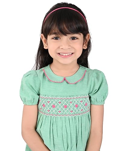 Image of Beebay Kids Girls Rose Embroidery Smocked Chambray Dress | Soft Polycotton Fabric | Round Neck | Casual Wear
