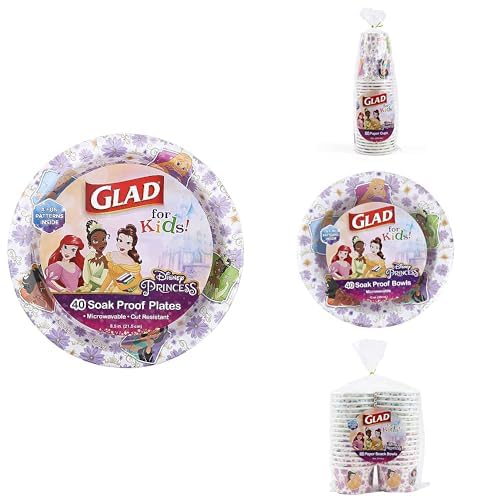 Glad for Kids Disney Princess Floral Frames Tableware Bundle: Paper Plates (40 Ct, 8.5"), Paper Cups (24 Ct, 9oz), Paper Bowls (40 Ct, 12oz), and Snack Bowls (32 Ct, 6oz) for Everyday Use