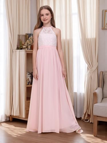 Chiffon Lace Applique Junior Bridesmaid Flower Girl Dress for Wedding A-Line Halter Long Party Prom Gowns4