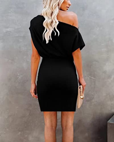 Tntiyo Off The Shoulder Dresses For Women Short Sleeve Summer Ribbed Cocktail Party Bodycon Mini Dress Black Small #TOP4