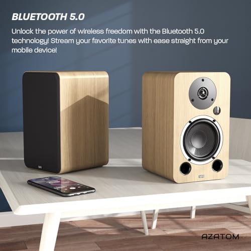 AZATOM Equinox 2 M4 Powered Bookshelf Hifi Speakers, 2.0 Active, Bluetooth, Wired, Wooden Enclosure, Perfect for Music, Vinyl records, Home Theatre, Gaming, Laptops, PC, 80 Watts (Oak) - Image 3