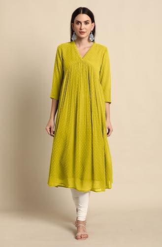 Image of Janasya Women's Dobby Chiffon Self Design Flared Kurta
