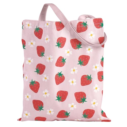 Loveinside Bolsa De Lona Con Diseño De Fresas Para Mujer Y Niña, Bonita Y Reutilizable, De Algodón, Con Fresas Y Flores, Ideal Para Vacaciones, Compras, Playa, Compras(35 X 40 Cm, 1 Unidad).