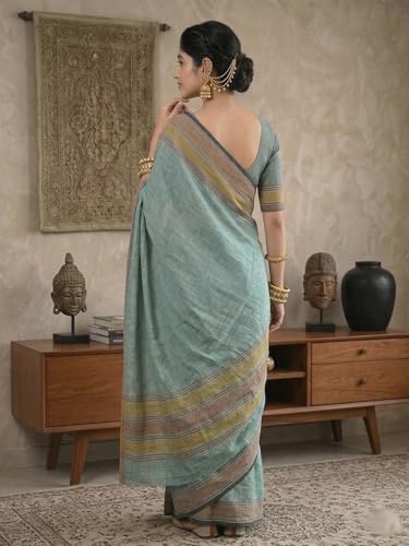 Image of SWORNOF Women's Linen Cotton Silk Saree with Unstitched Blouse Piece | Saree for Women | Saree with Blouse Piece | Soft and Skin Friendly