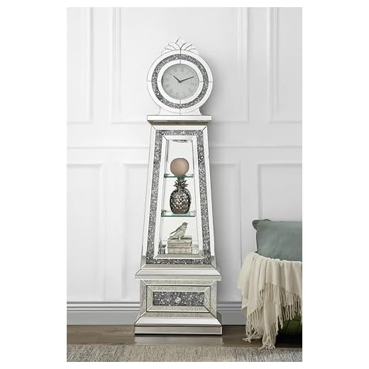 Mirrored Floor Clock with Glass Shelves, LED Lights and Faux Diamonds, Curio Display Cabinet Style Grandfather Clock with Storage for Home Decor