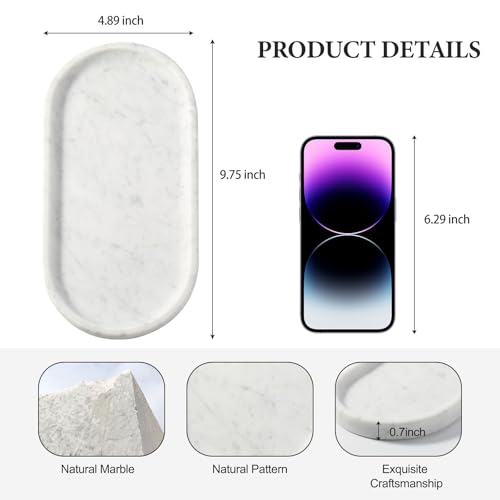 Image of Koville Natural White Marble Tray for Home Decor, 10 inch x 5 inch Marble Vanity Tray for Bathroom Countertop Organizer Stone Trays, Catchall Tray for Perfume, Candles, Jewelry (Bianco Carrara)