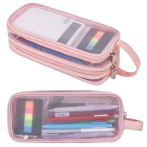 Hsmihair Large Grid Mesh Pencil Case, 2 Compartment Pen Pouch with Zipper, Clear Handheld Multifunction Pen Bag for School, Office, Teen Girls Boys, Travel Organizer Transparent Makeup