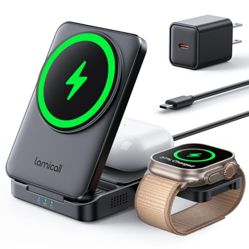 Lamicall 3in1 Magsafe対応 充電器 折り畳み 卓上 : スマホ 同時 充電 スタンド コンパクト ワイヤレス マグセーフ ドック マグネット 縦 横 置き 携帯 けいだい 持ち運び 机 出張 旅行 すまほ アイホン ウォッチ イヤホン iPhone 17e 17 Air 16e 16 15 14 13,アップルウォッチ 11 Ultra 3,Airpods Pro 3に対応 黒