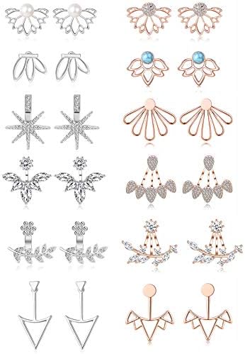 Tornito 12 Pairs Lotus Flower Earring Studs Chic CZ Earrings Jackets For Women Silver Rose Gold Tone (A2:12 Pairs, Silver&Rose Gold Tone)