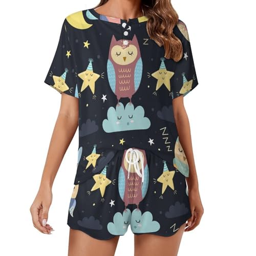 Pyjama femme manches courtes lune et hibou idéal pour vos douces nuits d'été